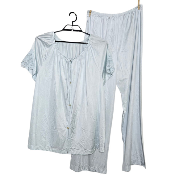 Womens Vintage Lorraine Pajama Set Size 1X Plus Blue Nylon Pants Shirt - Picture 1 of 8